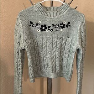 Forever 21 Green Floral Embroidered Cable Knit Sweater